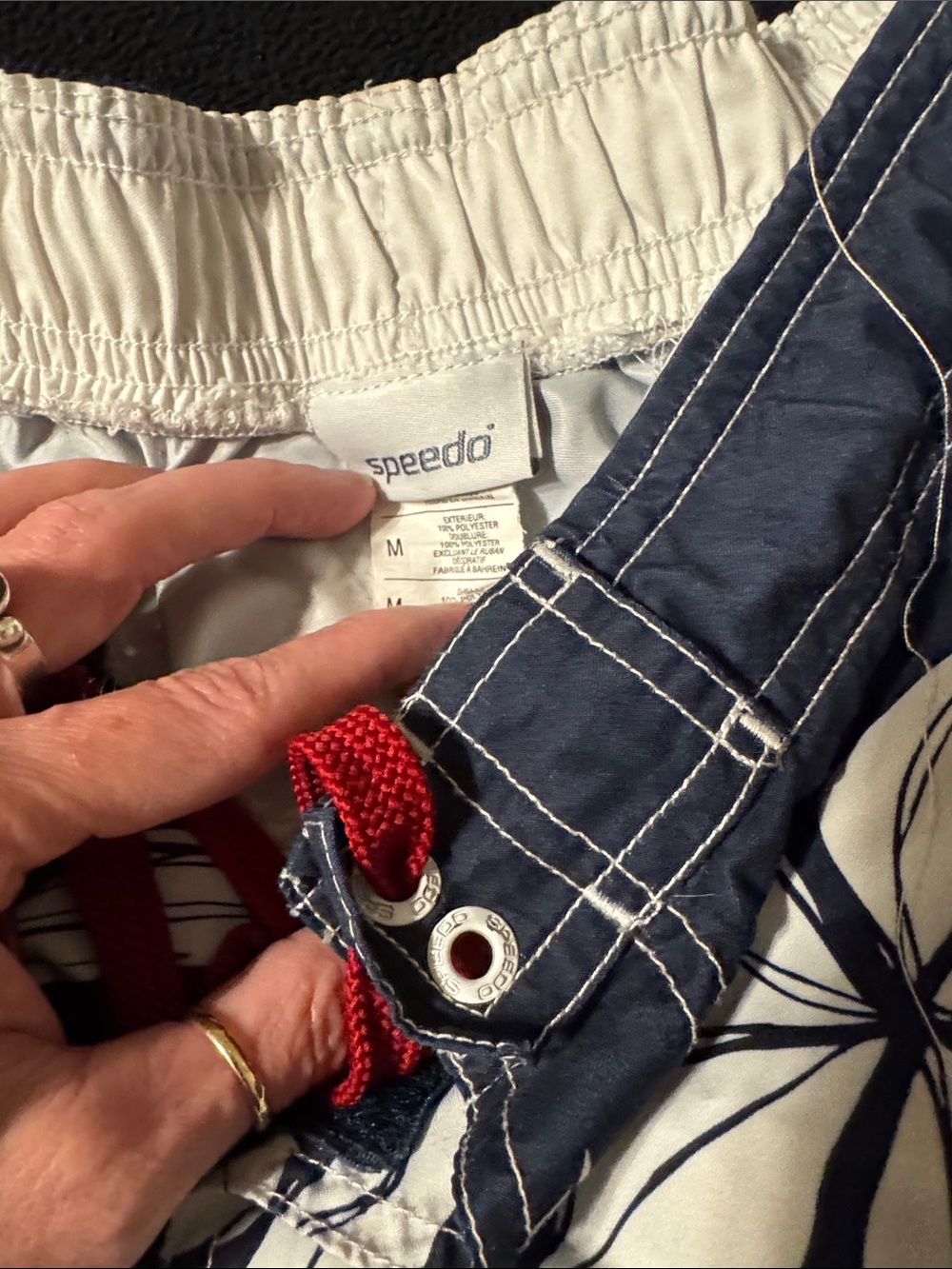 Speedo Navy Floral Swim Shorts with Red Drawstring - Picture 2 of 3